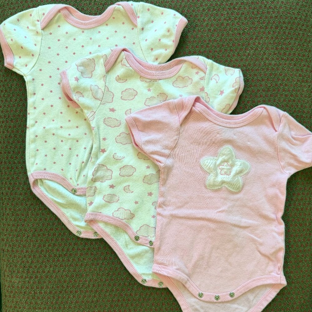 Bon Bebe 6-9M 3pc Onesie Bundle Clouds Stars Pink White Celestial Dreamy Baby